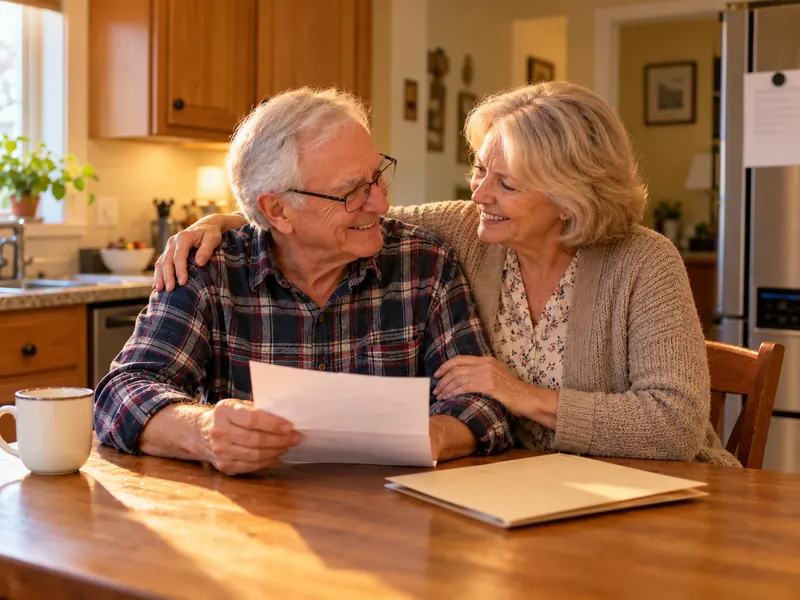 The same couple at their kitchen table, smiling, with a letter in hand.