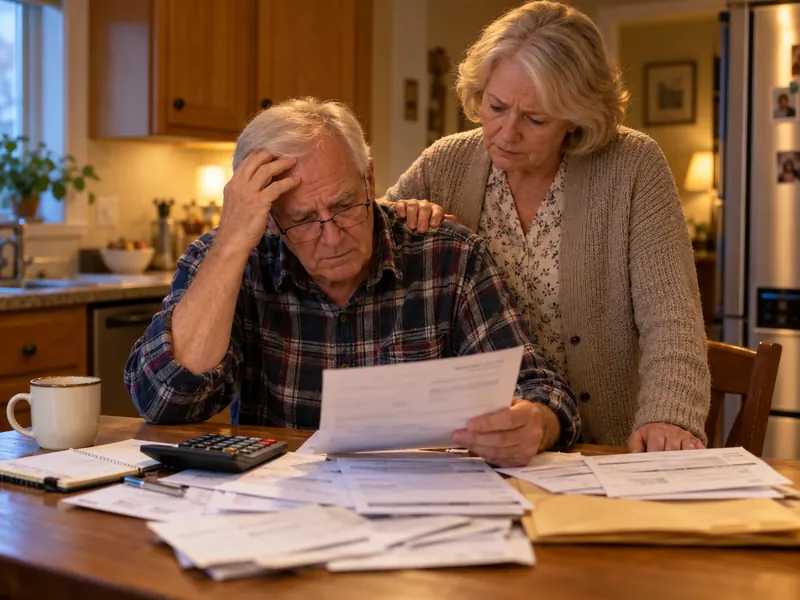 A retired couple at their kitchen table in the evening: he holds a bill with his head in his hand, she rests a hand on his shoulder.